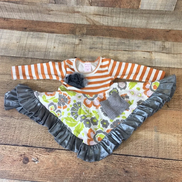 Giggle Moon Orange Gray Striped Floral Ruffle Dress Baby 6M Long Sleeve - Picture 11 of 11